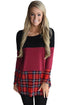 Sexy Black Red Block Plaid Splice Long Sleeve Top