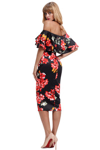 Sexy Black Red Floral Layered Ruffle Off Shoulder Midi Dress