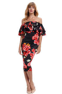 Sexy Black Red Floral Layered Ruffle Off Shoulder Midi Dress