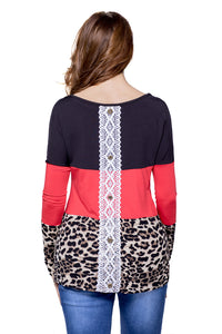 Sexy Black Red Leopard Color Block Long Sleeve Blouse Top