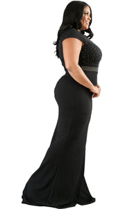 Sexy Black Rhinestone Front Bodice Scalloped Neckline Plus Dress