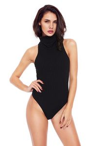 Sexy Black Ribbed Knit Cowl Neck Sleeveless Bodysuit