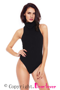 Sexy Black Ribbed Knit Cowl Neck Sleeveless Bodysuit