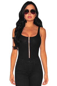 Sexy Black Ribbed Zipper Accent Bodysuit