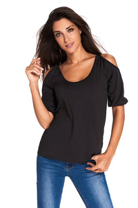 Sexy Black Round Neck Cold Shoulder Oversize Top