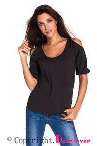 Sexy Black Round Neck Cold Shoulder Oversize Top