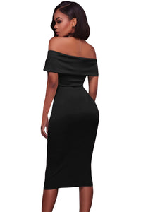 Sexy Black Ruched Off Shoulder Bodycon Midi Dress