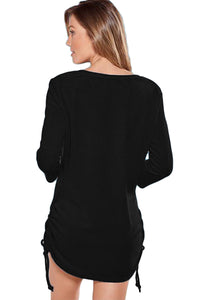 Sexy Black Ruched Tie Side V Neck Beach Cover Up