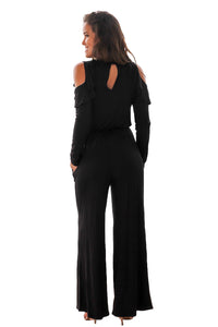 Sexy Black Ruffle Cold Shoulder Long Sleeve Jumpsuit