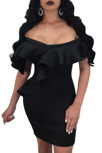 Sexy Black Ruffle Off Shoulder Bodycon Mini Dress