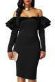Sexy Black Ruffle Off The Shoulder Long Sleeve Bodycon Dress