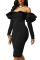 Sexy Black Ruffle Off The Shoulder Long Sleeve Bodycon Dress