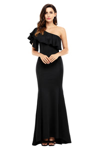 Sexy Black Ruffle One Shoulder Elegant Mermaid Dress