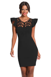 Sexy Black Ruffle Sleeves Lace Hollow Out Short Cocktail Dress