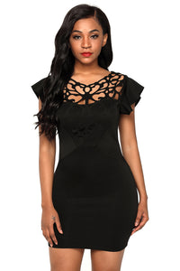 Sexy Black Ruffle Sleeves Lace Hollow Out Short Cocktail Dress