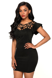 Sexy Black Ruffle Sleeves Lace Hollow Out Short Cocktail Dress