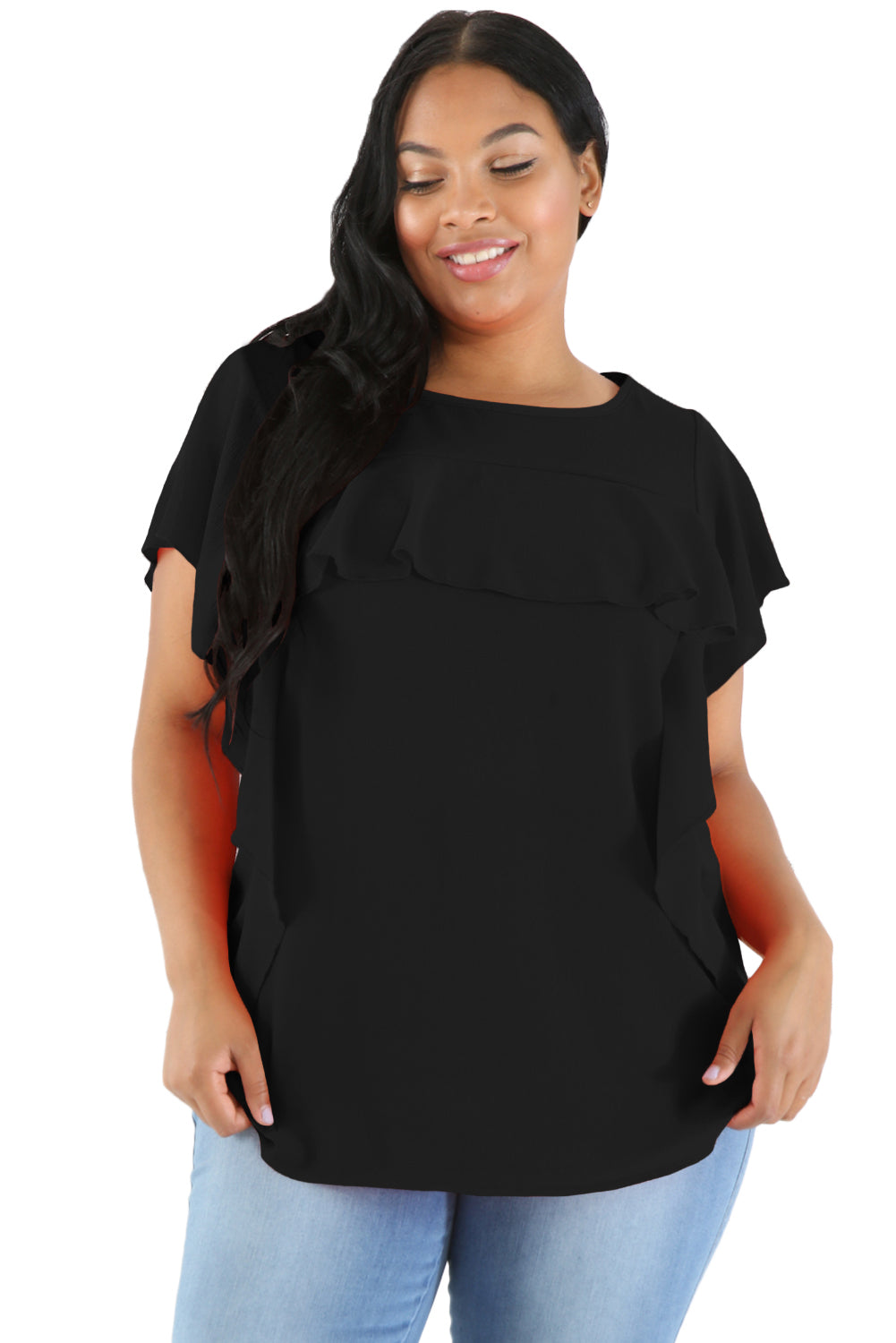 Sexy Black Ruffled Detail Flutter Sleeves Plus Size Top – SEXY AFFORDABLE  CLOTHING