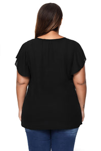 Sexy Black Ruffled Detail Flutter Sleeves Plus Size Top