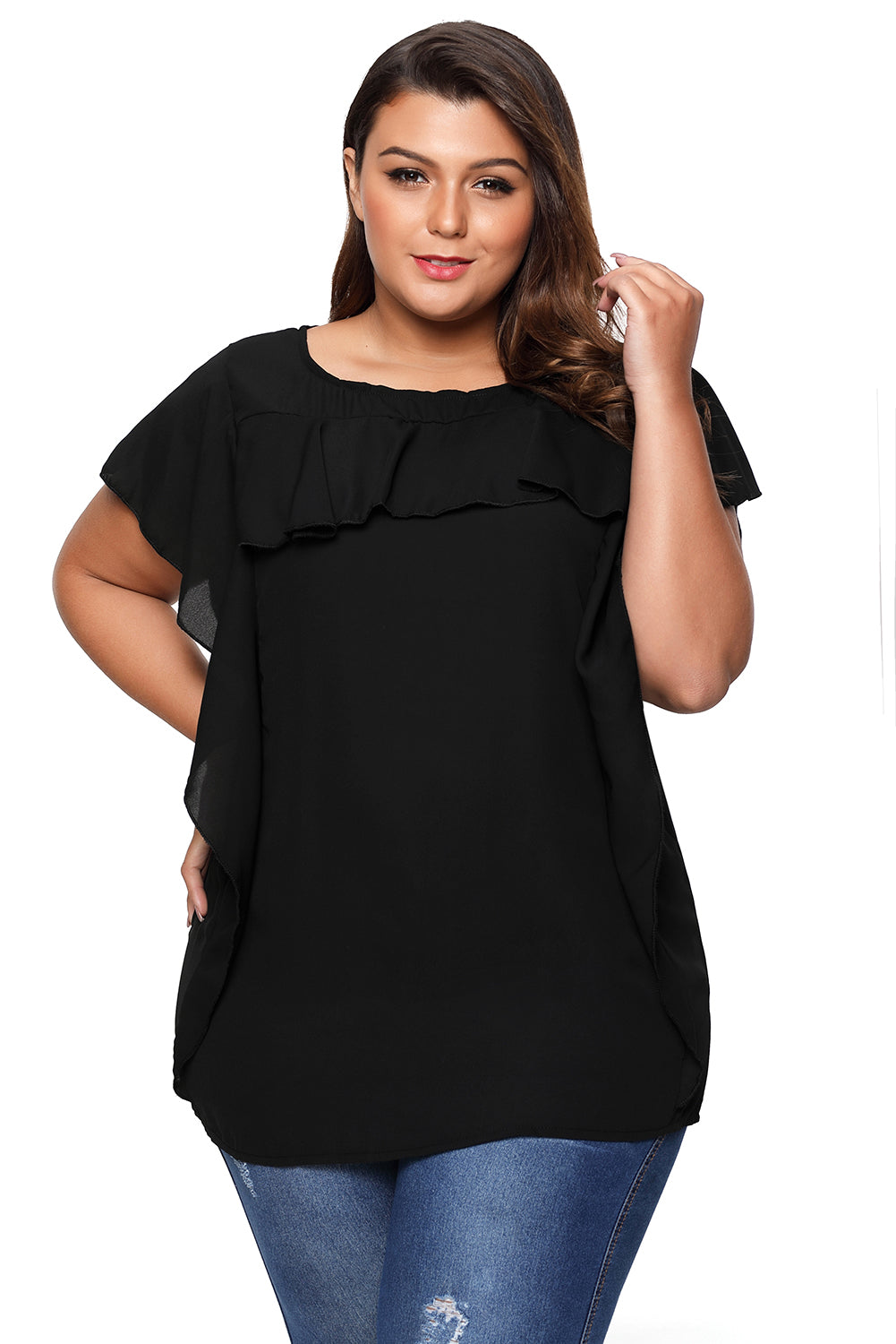 Sexy Black Ruffled Detail Flutter Sleeves Plus Size Top – SEXY
