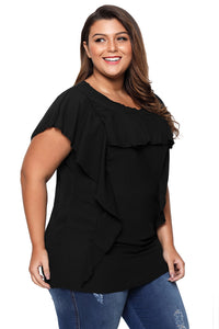 Sexy Black Ruffled Detail Flutter Sleeves Plus Size Top