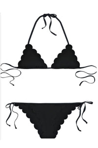 Sexy Black Scallop Triangular Bikini Self-tie Swimsuit