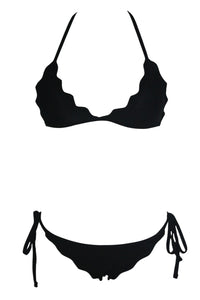Sexy Black Scallop Triangular Bikini Self-tie Swimsuit