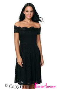 Sexy Black Scalloped Off Shoulder Flared Lace Dress