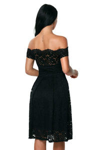 Sexy Black Scalloped Off Shoulder Flared Lace Dress