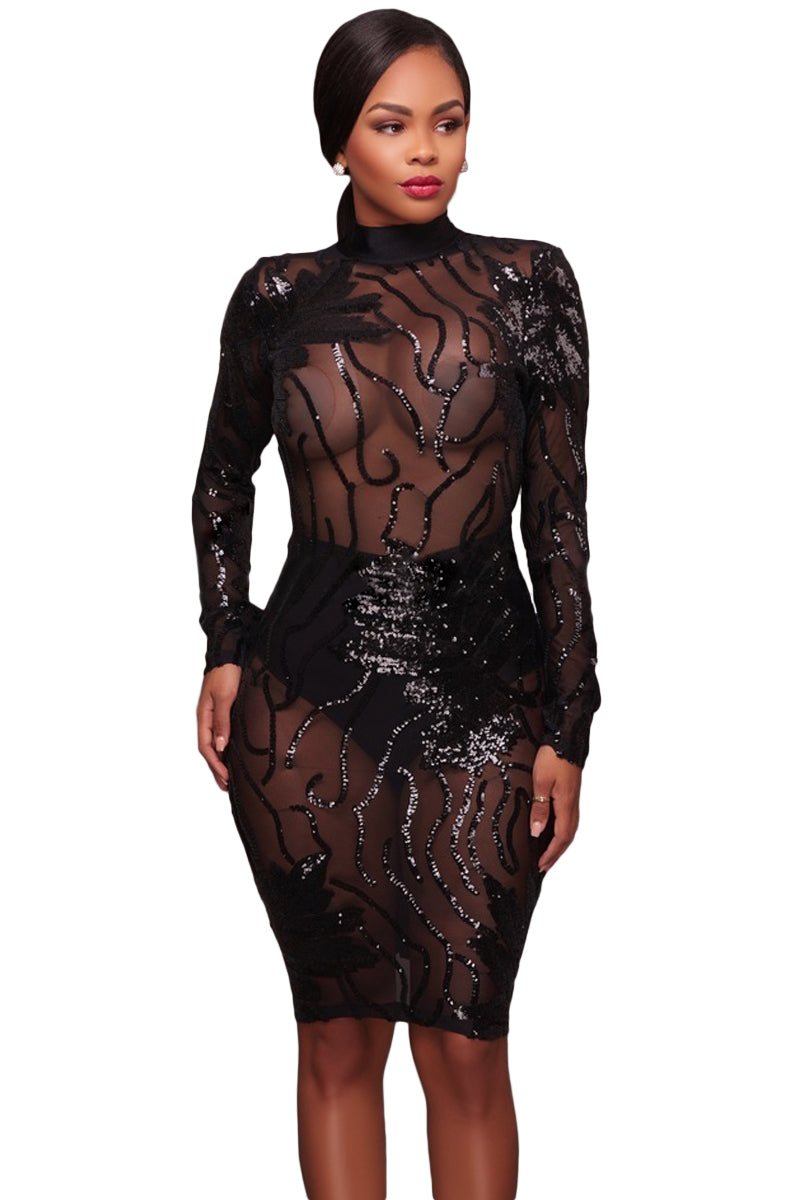 Sexy Black Sequin Decor High Neck Transparent Bodycon Dress SEXY AFFORDABLE CLOTHING Sexy Black Sequin Decor High Neck Transparent Bodycon Dress SEXY AFFORDABLE CLOTHING