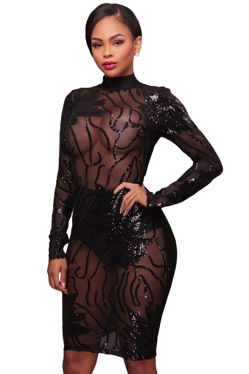 Sexy Black Sequin Decor High Neck Transparent Bodycon Dress SEXY AFFORDABLE CLOTHING Sexy Black Sequin Decor High Neck Transparent Bodycon Dress SEXY AFFORDABLE CLOTHING