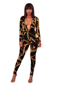Sexy Black Sexy Deep V Neck Gold Chain Print Skinny Jumpsuit