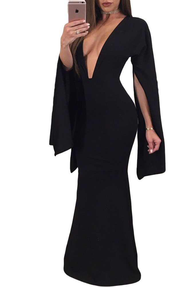 Sexy Black Sexy Plunge Split Long Sleeve Maxi Dress – SEXY AFFORDABLE