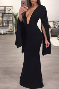 Sexy Black Sexy Plunge Split Long Sleeve Maxi Dress