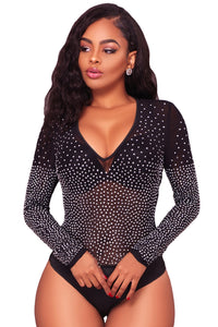 Sexy Black Sexy Rhinestone See Through Mesh Bodysuit