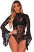 Sexy Black Sheer Floral Lace Long Bell Sleeve Bodysuit