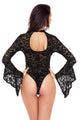 Sexy Black Sheer Floral Lace Long Bell Sleeve Bodysuit