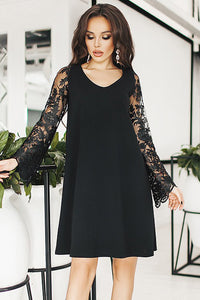 Sexy Black Sheer Floral Sleeve Swing Dress