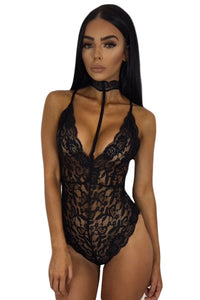 Sexy Black Sheer Lace Choker Neck Teddy Lingerie
