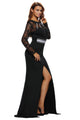 Sexy Black Sheer Lace Long Sleeve Front Slit Long Prom Dress