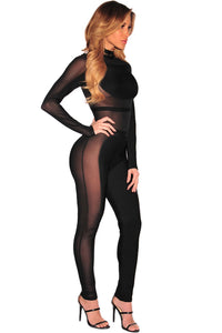 Sexy Black Sheer Mesh Insert Long Sleeve Bandage Jumpsuit