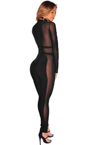 Sexy Black Sheer Mesh Insert Long Sleeve Bandage Jumpsuit