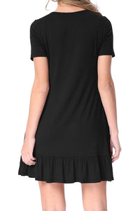 Sexy Black Short Sleeve Draped Hemline Casual Shirt Dress