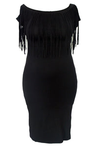 Sexy Black Short Sleeve Fringe Top Plus Size Dress