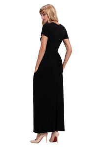 Sexy Black Short Sleeve Ruched Waist Maxi Dress