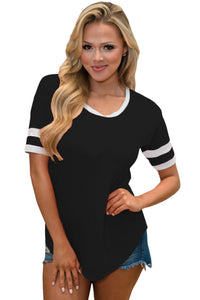 Sexy Black Short Sleeve Top with White Stripe