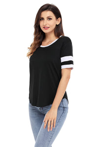 Sexy Black Short Sleeve Top with White Stripe