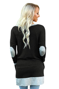 Sexy Black Side Pocket Elbow Patch Colorblock Tunic