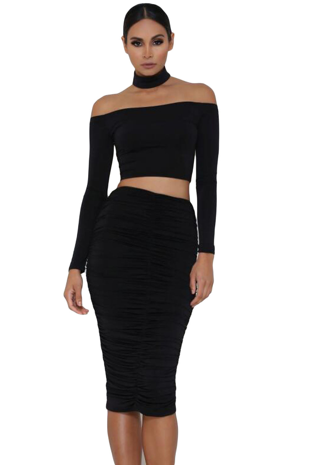 African Women Dress off Shoulder Long Sleeve Crop Top and Skirt