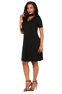 Sexy Black Soft Jersey Knit Cross Front Choker Dress