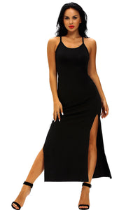 Sexy Black Spaghetti Straps Ribbed Cutout Jersey Dress